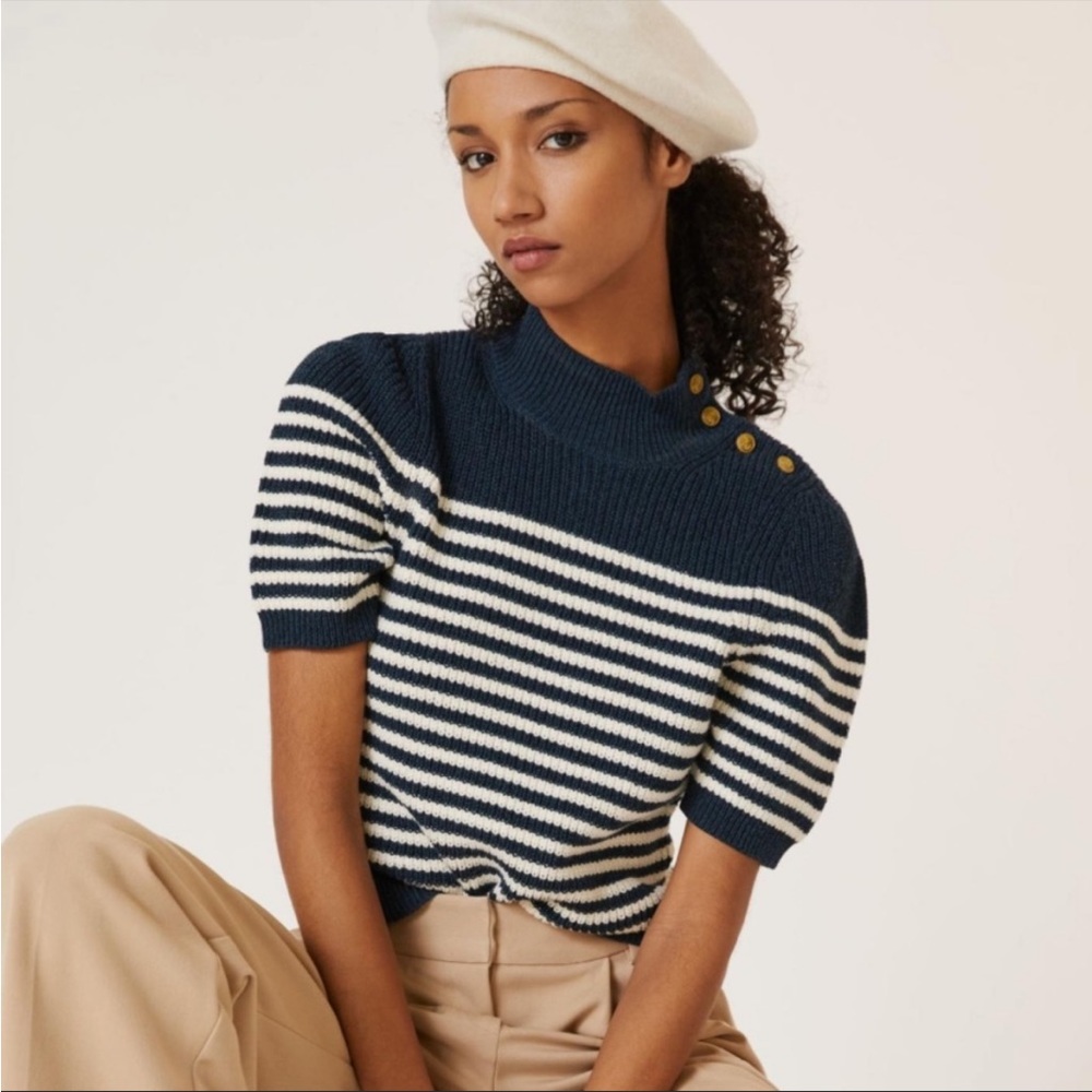 Maeve Navy and White Striped Short-Sleeve Turtleneck Sweater